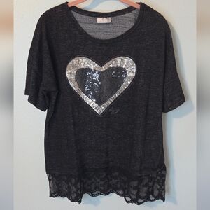 CANDA Black Top Silver Sequin Heart Lace Hem Short Sleeve T-Shirt Size Medium